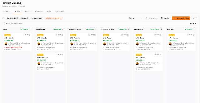 Kanban do funil de vendas do Entusia Hub